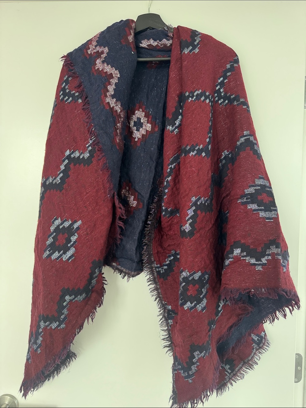 Aritzia Red & Navy Geometric Fringed Wrap Wool Blanket Scarf